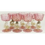 (lot of 8) Murano gilt highlighted pink quilted pattern glass goblets rising on dolphin stems