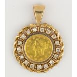 U.S. $1 gold coin, diamond, 14k yellow gold pendant