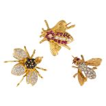 (Lot of 3) Diamond, ruby, sapphire, 14k yellow gold bee brooches