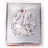 An assembled pair of Russian .84 silver oklad icons of St. George slaying the dragon