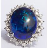 Black opal, diamond, 18k white gold ring