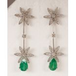 Pair of emerald, diamond, 14k white gold earrings