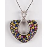 Multi-colored sapphire, diamond, 18k white gold heart pendant-necklace