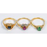 (Lot of 3) Multi-stone, diamond, yellow gold rings