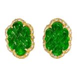 Pair of jadeite, diamond, 18k yellow gold earrings