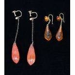 (Lot of 2) Pairs of agate and amber, gold earrings