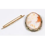 (Lot of 2) Shell cameo, cultured pearl, gold brooches