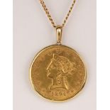 U.S. $10 gold coin, 14k yellow gold pendant-necklace