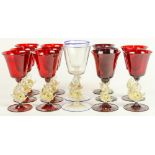 (lot of 13) Set of (11) Murano cranberry glass goblets rising on dolphin stems