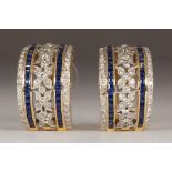 Pair of diamond, sapphire, 18k yellow gold earrings