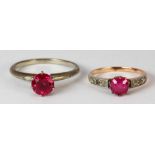 (Lot of 2) synthetic ruby, platinum and 14k yellow gold rings