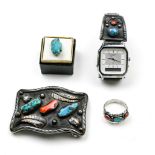 (Lot of 4) Turquoise, coral, silver, metal jewelry and watches