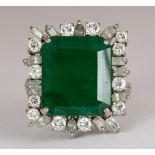 Emerald, diamond, 18k white gold ring