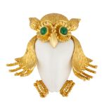 Emerald, enamel, 18k yellow gold owl pendant-brooch