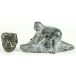 (lot of 2) Inuit carving of man riding a whale and stone mask