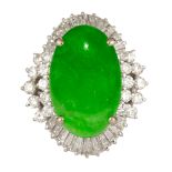 Jadeite, diamond, 14k white gold ring