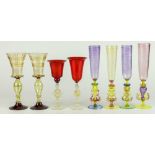 (lot of 8) Murano multicolored glass goblets rising on baluster stems