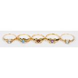 (lot of 5) Multi-stone, 18k yellow gold rings