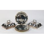 Edwardian suite of 6 Sheffield plate chargers and pr covered entree dishes