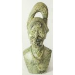 Shona Muchena Edson Zimbabwe green stone carved bust of bearded man with a plumed hat