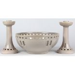 (lot of 3) Newcomb College garniture set, circa 1920, the cream glazed fruit bowl with a band of