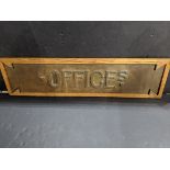Vintage shaped metal Offices sign circa 1920, having a patinated surface and framed in a
