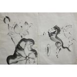 (lot of 2) Chiura Obata (American/Japanese, 1885-1975), Mustangs & Lotus Flowers, ink washes on