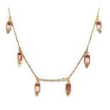 Tourmaline, diamond, 18k yellow gold necklace Featuring (10) rectangular-cut pink tourmalines,