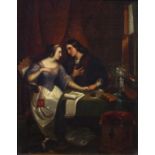 European School (19th century), "Abeilard et Heloise," oil on metal plate, label affixed verso,