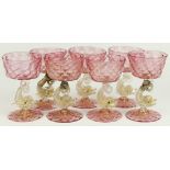 (lot of 7) Murano gilt highlighted pink quilted pattern glass goblets rising on dolphin stems, 5"