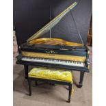 An ebonized and scenic decorated baby grand piano depicting scenes of The Grand Tour, the top