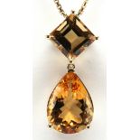 Citrine, 14k yellow gold pendant Featuring (1) pear-cut citrine, weighing approximately 10.75 ct.,