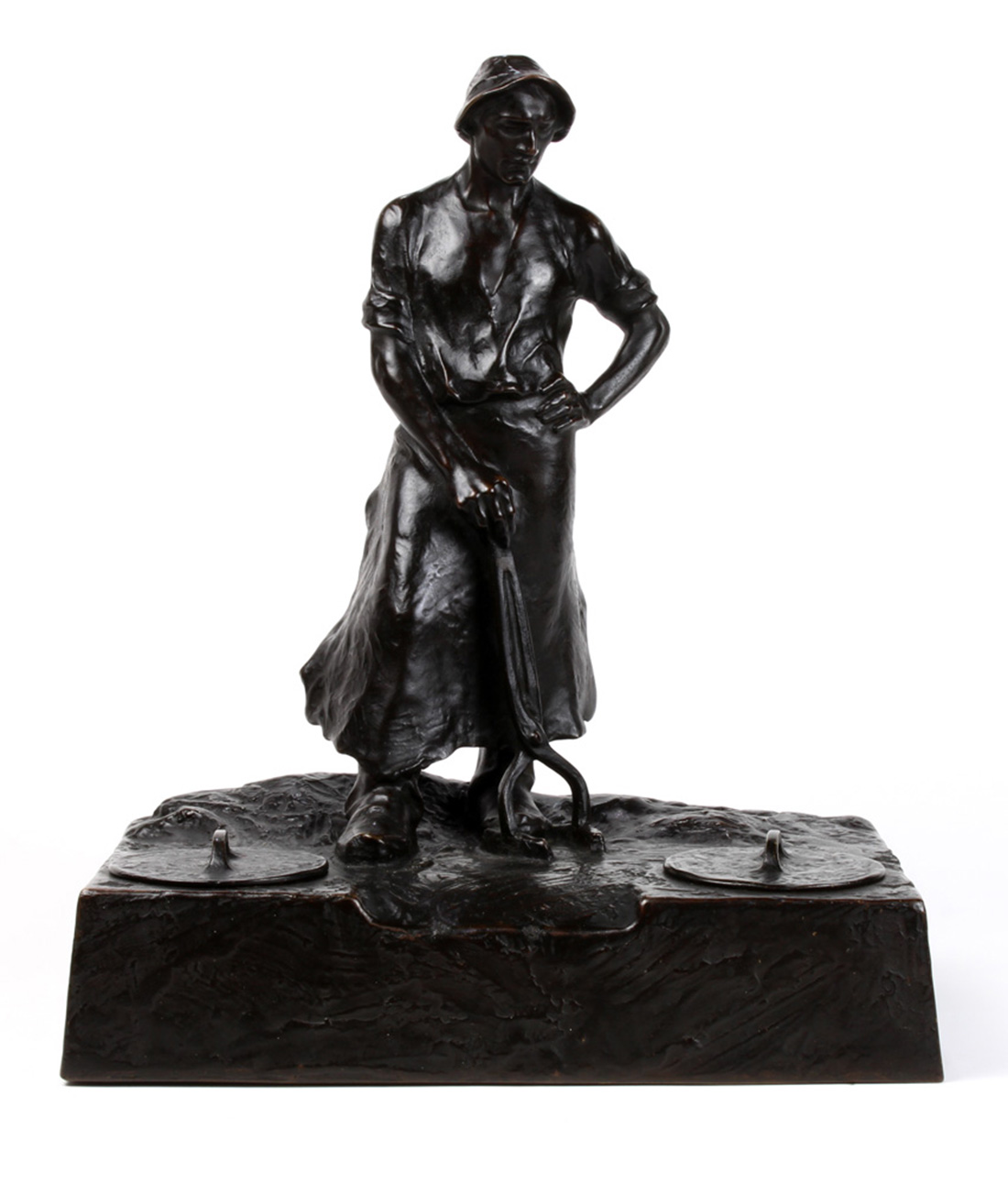 An Adolf Pohl (Austrian, 1872-1930) figural bronze inkwell, depicting a laborer gazing downward, - Image 2 of 6