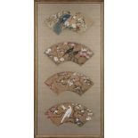 Anonymous , four fan paintings of Birds and Flowers, Ink and color on silk, mounted in one frame. 15