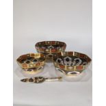 A group of Royal Crown Derby in the Imari pattern, consisting of three centerbowls in various sizes,