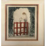 Louis Icart (French, 1888?1950), Lady and Dog at Red Gate, 1925, etching in colors, signed in pencil
