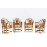 Four Chinese bamboo horseshoe back chairs, each is constructed with a U-shaped bamboo crest rail