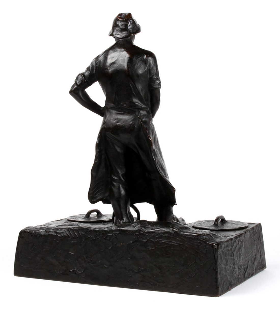 An Adolf Pohl (Austrian, 1872-1930) figural bronze inkwell, depicting a laborer gazing downward, - Image 3 of 6