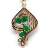 Jadeite, diamond, 14k yellow gold pendant-necklace Featuring (4) pear shaped cabochons, measuring