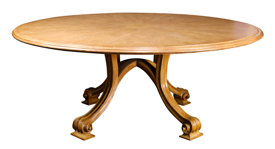 A Therien Studio Volute walnut circular dining table in the Italian Rococo style, the outset round - Image 2 of 4