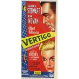 "Vertigo," 1958, color lithograph film poster, featuring James Stewart and Kim Novak, directed by