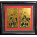 Nasser Ovissi (Iranian, b. 1934), Untitled (Four Horses), mixed media on gold gilded panel (