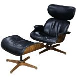 A Mid Century Plycraft laminated rosewood lounge chair and ottoman designed by George Mulhauser,