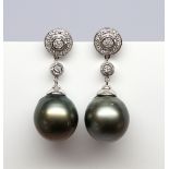 Pair of Tahitian, diamond, 18k white gold earrings Featuring (2), 14.8 mm, Tahitian cultured pearls,