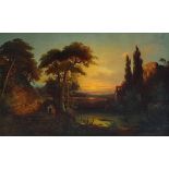 European School (19th century), River Sunset with Figures, oil on canvas, unsigned, canvas: 28"h x