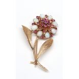 Opal, sapphire, 18k yellow gold flower brooch Designed as a flower, featuring (8) oval opal