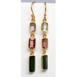 Pair of tourmaline, 18k yellow gold earrings Featuring (4) green and (2) pink rectangular-cut