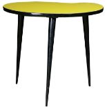 A French Mid Century kidney form occasional table, having a yellow laminate top and rising on