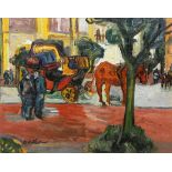 Richard Hayley Lever (American, 1876 -1958), "Hansom Cab at the Plaza," oil on canvas, signed