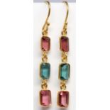 Pair of tourmaline, 18k yellow gold earrings Featuring (4) pink and (2) green rectangular-cut